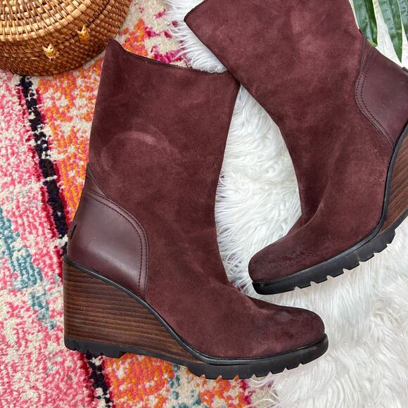 Sorel Red Burgundy Leather After Hours Mid Calf Wedge Boot 8 Bootie Fall Winter - Picture 2 of 9